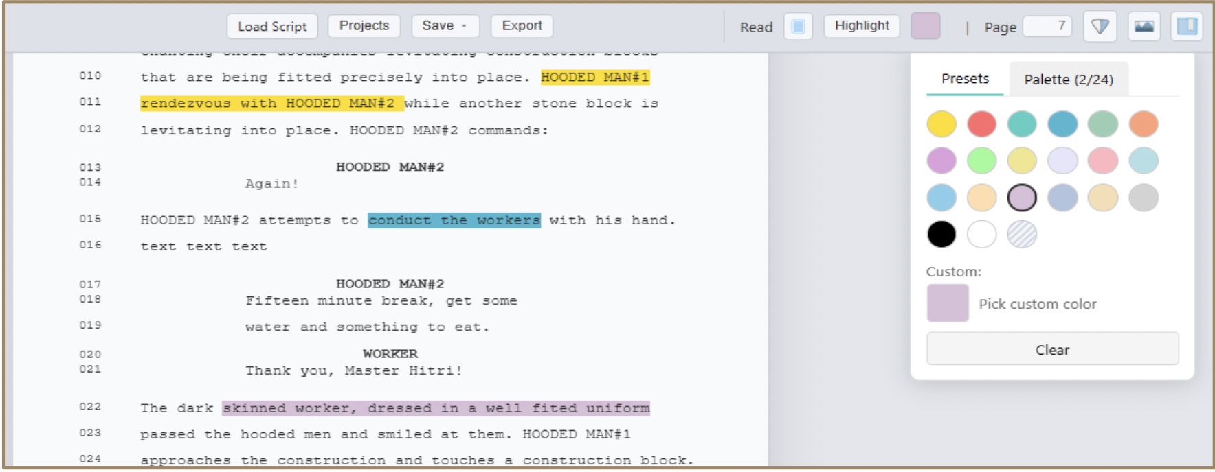 Color Picker showing preset swatches and custom color selection